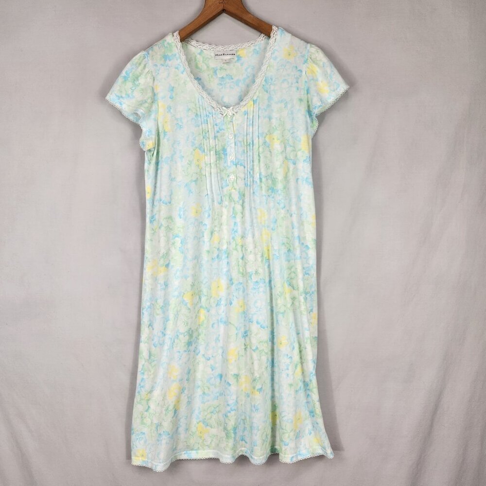 Miss Elaine Soft Knit Flutter Sleeve Nightgown Sz Small Blue Floral Knee Length